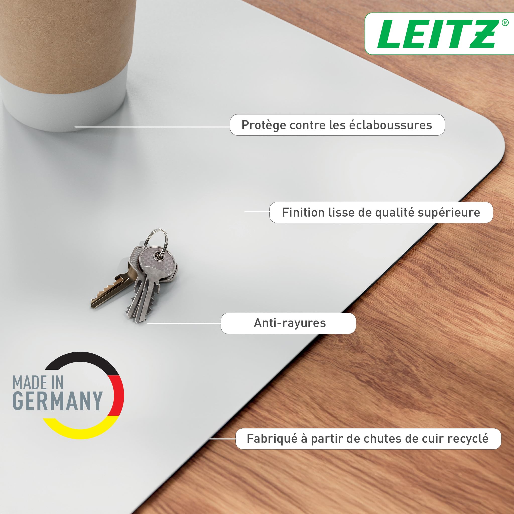 Tapis de bureau grand format Leitz en cuir recyclé : Cuir recyclé, antidérapant, surface premium, tapis pour clavier, souris et ordinateur. Pour bureau et maison (70x36cm, gris clair)