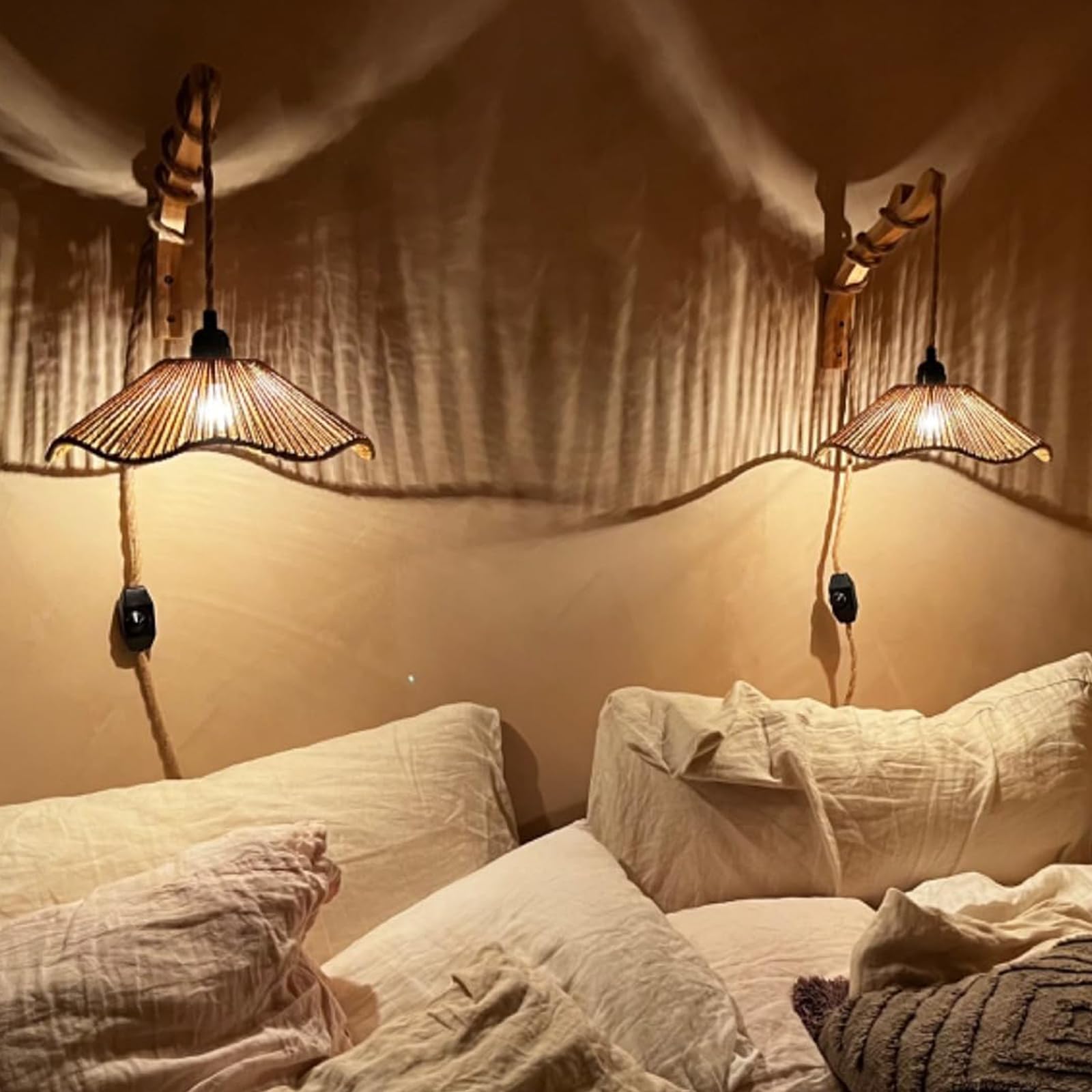 2er Set Wandleuchte Rattan Boho mit Stecker und Schalter, Dimmbar Wandlampe Innen Holz Rustikal Retro mit 3m Hanfseil Kabel E27 Vintage Wandlicht für Schlafzimmer Wohnzimmer Flur Wandbeleuchtung