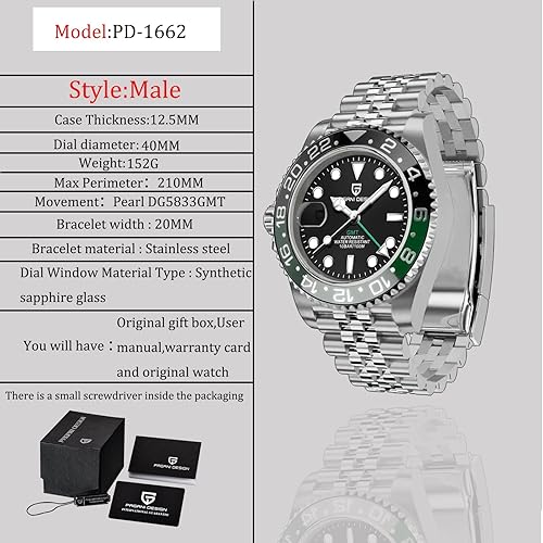 Miniatura 3 de BY BENYAR Pagani Design GMT - Reloj mecánico de cristal de zafiro de lujo, acero inoxidable de 1.575 pulgadas, resistente al agua, reloj automático