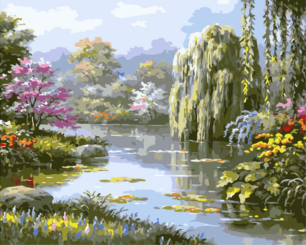 ABEUTY DIY Paint by Numbers voor Volwassenen Beginner - Witte Veren & Bloem Meisje 16x20 inch Nummer Schilderij (Meisje, Houten ingelijst