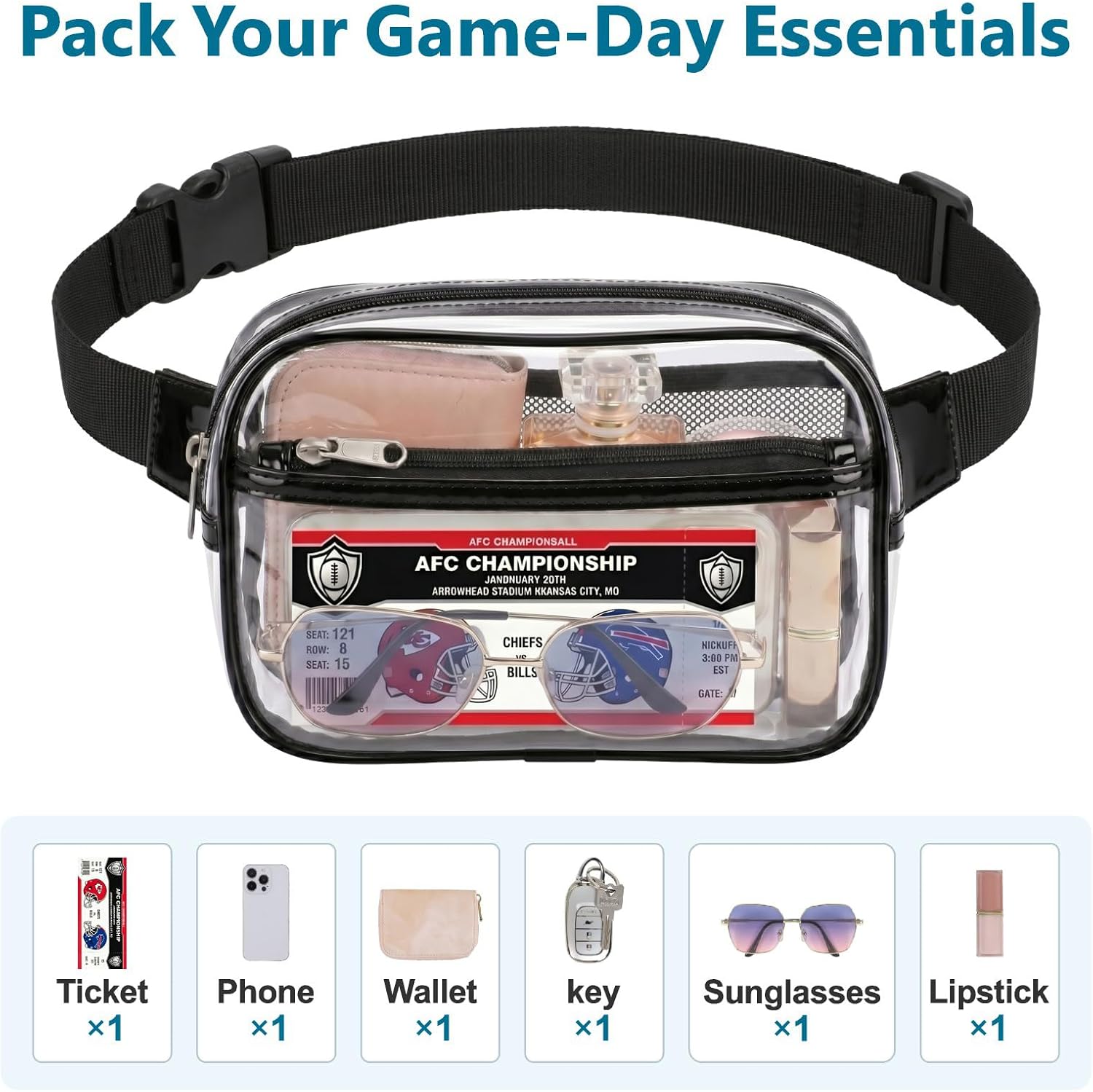  Clear Fanny Pack Stadium Approved - with Inner Mesh Pocket, Black | Hands-Free Adjustable 35-51 in Strap, 2 Pockets Fit 7.5 in Phone, Water-Resistant for Sports Game Day Concerts Festival thumbnail