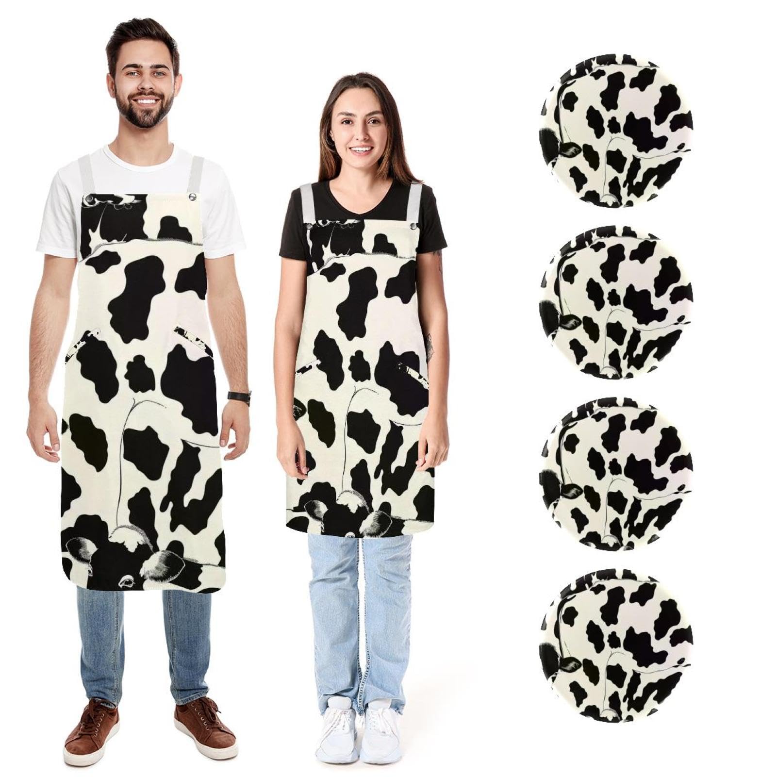 Lot de 2 tabliers de cuisine en lin pour homme et femme avec imprimé fourrure de vache avec 2 poches réglables, Imprimé fourrure de vache, L:26.2x34.6in/66.5x88cm;M:26.2x26.6in/66.5x67.5cm