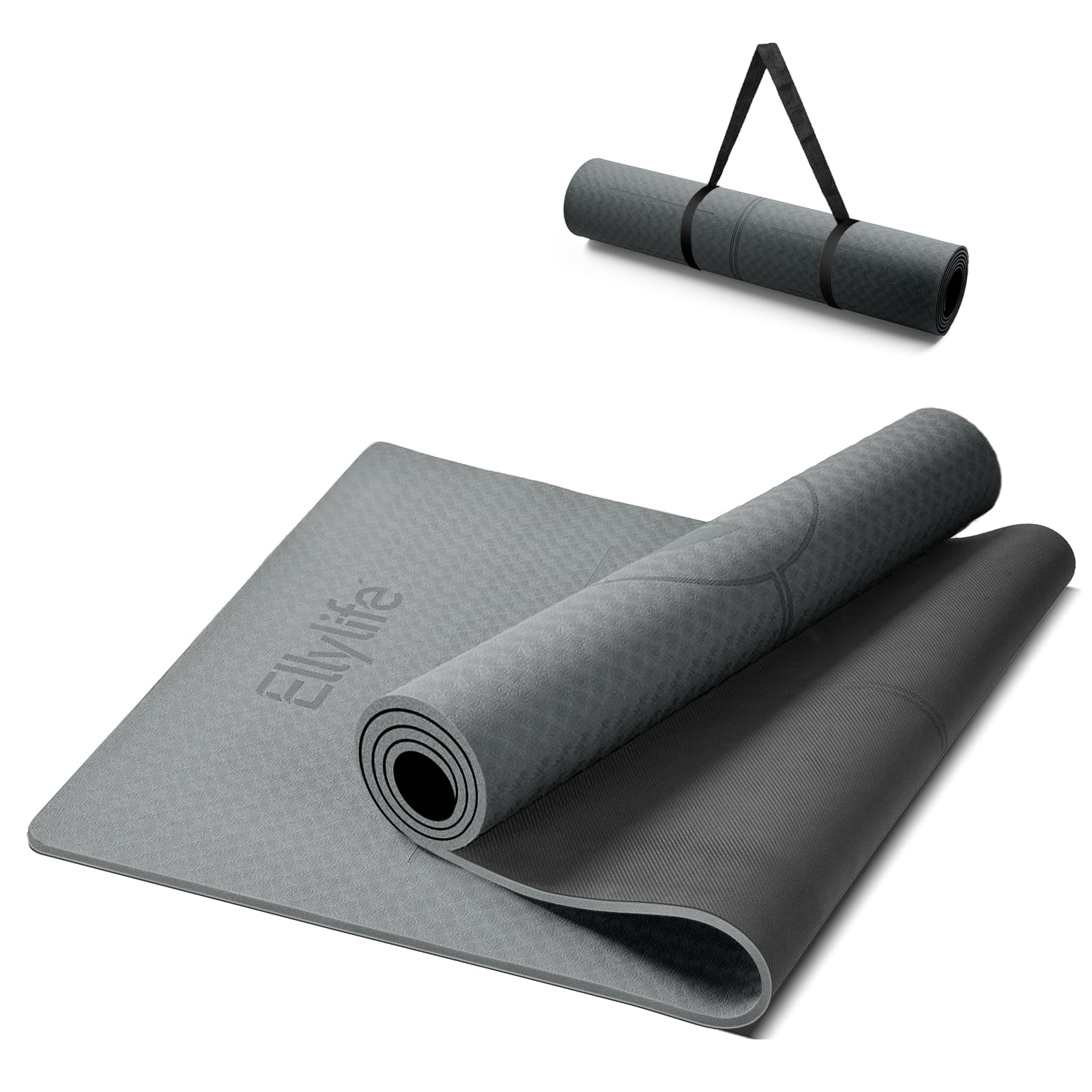 Ellylife Yogamatte aus ECO Naturkautschuk & Hhautfreundlichem TPE, Extrem Rutschfest, Ausrichtungslinien, Einzigartiges Design, Inklusive Tragegurt, Nachhaltige, für Reise, Pilates, Yoga, Fitness