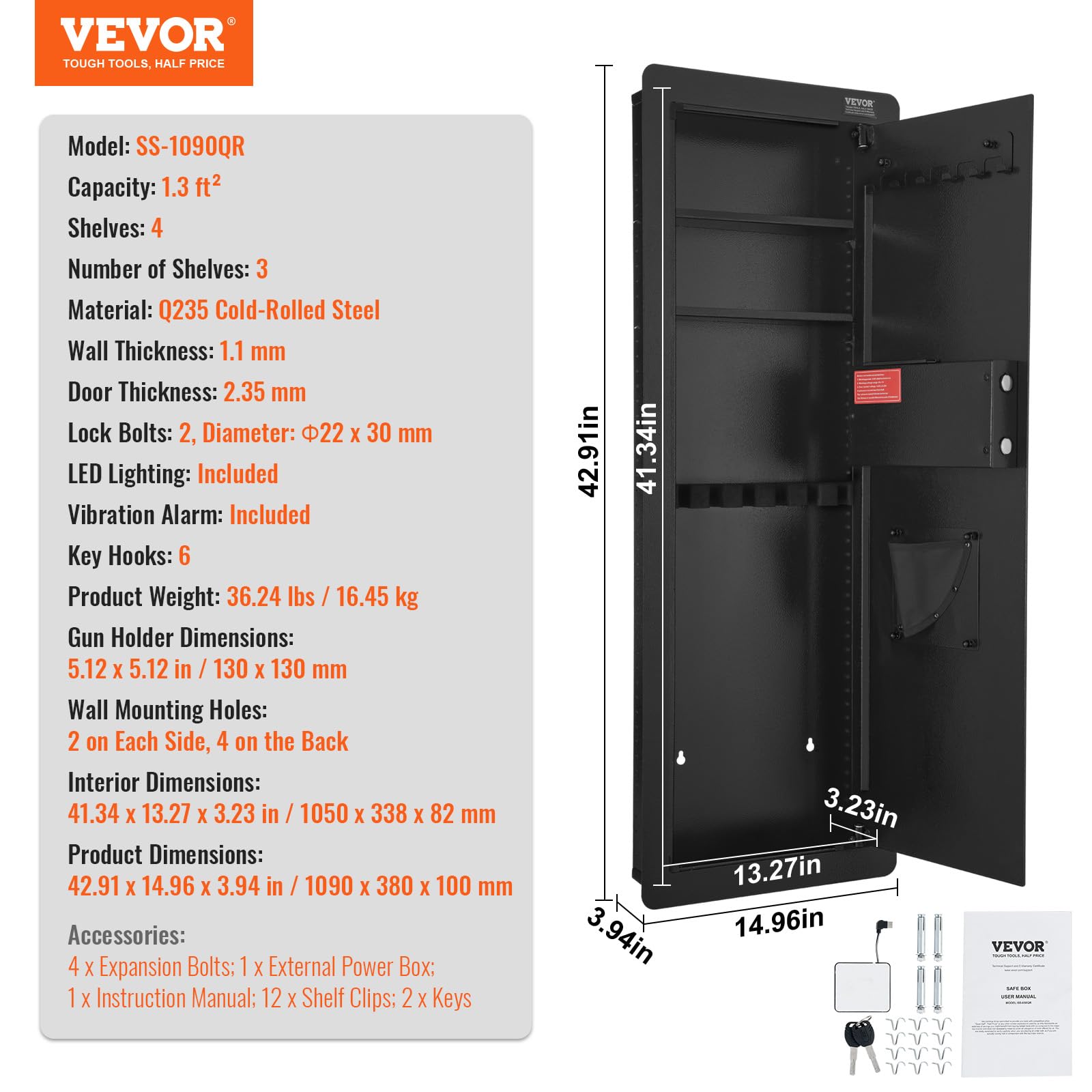 VEVOR Caja Fuerte para Armas de Pared 4 Niveles Teclado Lector Huellas Acero Laminado Frío Q235 1050x338x82 mm