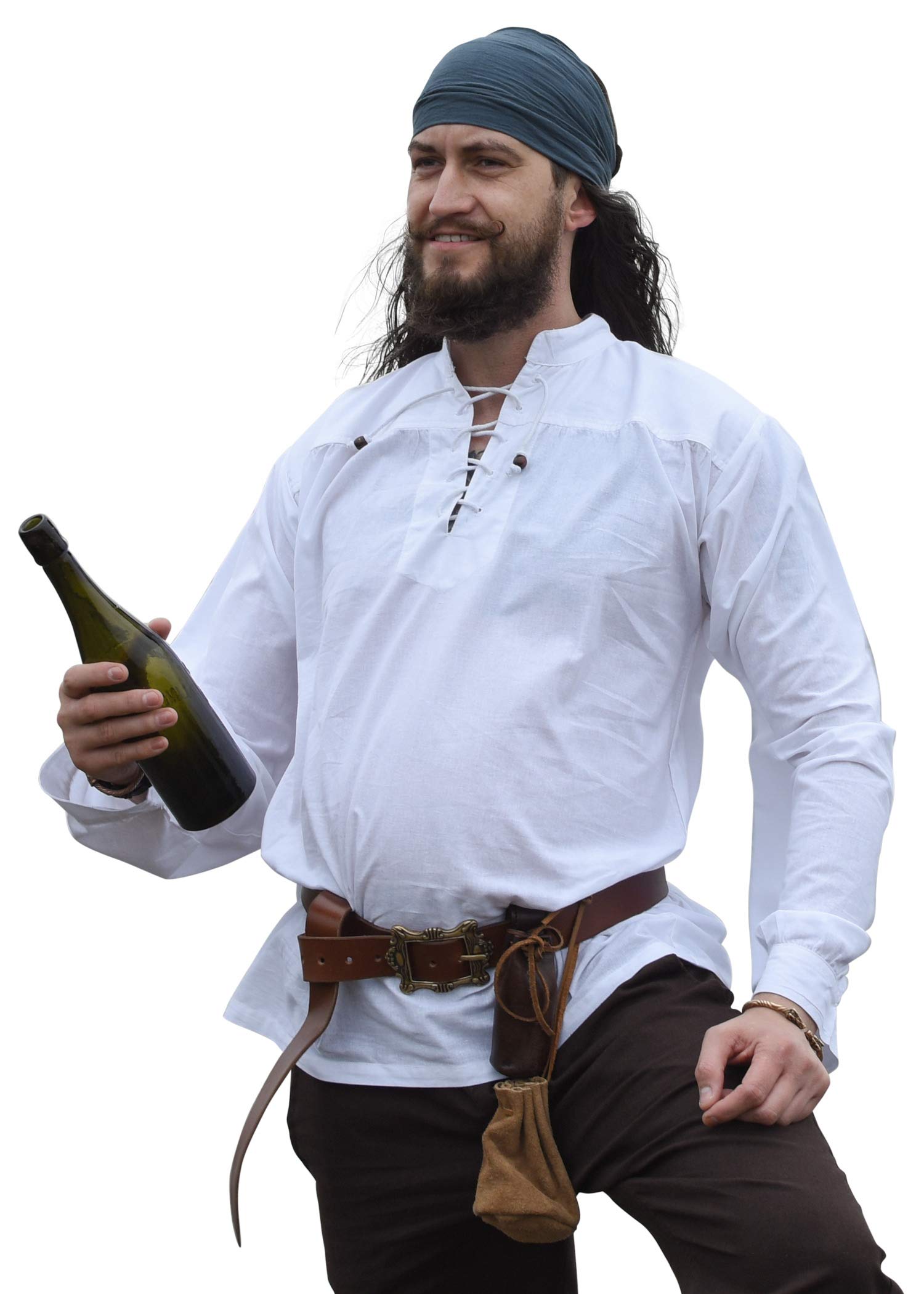 Battle-Merchant - Medieval Shirt Ludwig Cotton - Wide, Lace-up, Stand-Up Collar, Long Sleeve - LARP, Viking Clothing - White - M