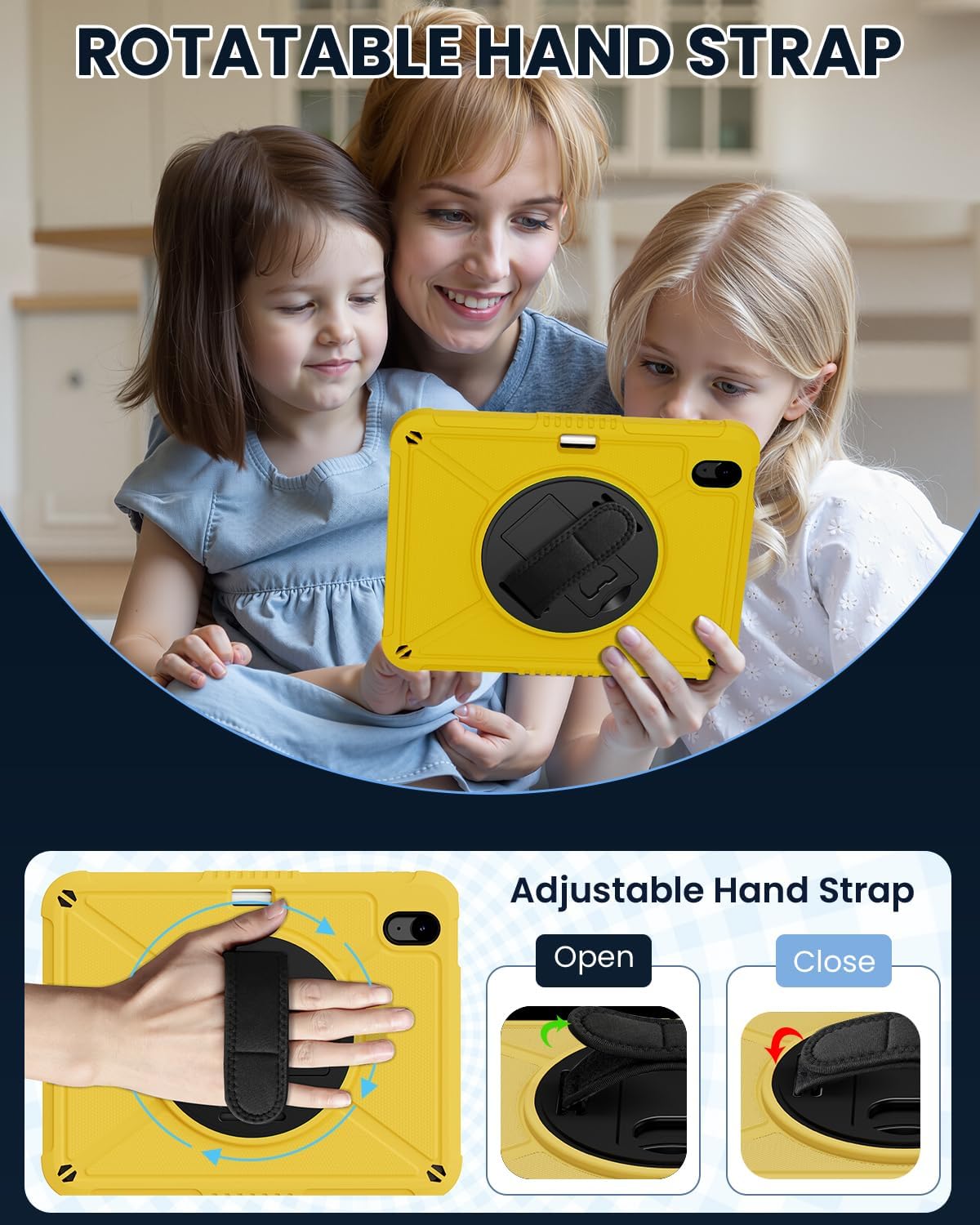 ZtotopCases for iPad (A16) 11th/10th Generation 11''/10.9'' with Screen Protector, Pen Holder, Handle Shoulder Strap,360 Rotating Stand Rugged Protective Case for iPad 11th Gen 2025(A3354/5),Yellow