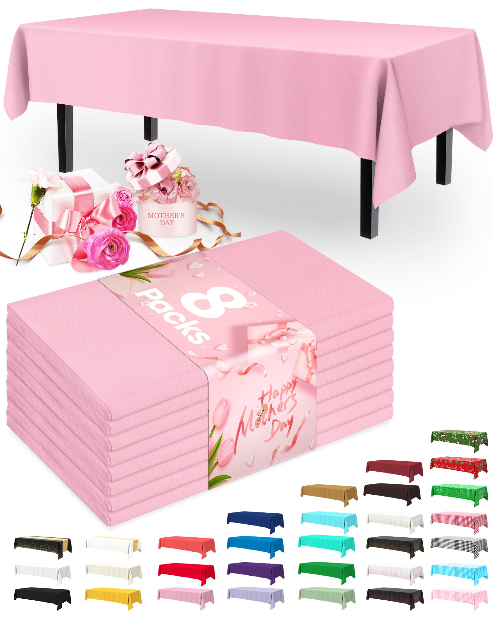 Pureegg Plastic Table Cloth Disposable 8 Pack, 54 x 108 Inch Table Cloths, Easter Party, Valentines, Mothers Day Decorations, Tablecloths, Rectangle, Pastel Plastic Cover, Leakproof &amp; Sturdy, Pink