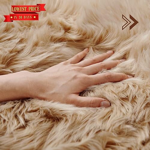Miniatura 202 de SERISSA Alfombra suave y esponjosa de piel de oveja sintética, color beige, alfombra lanuda para el suelo del dormitorio, alfombra mullida