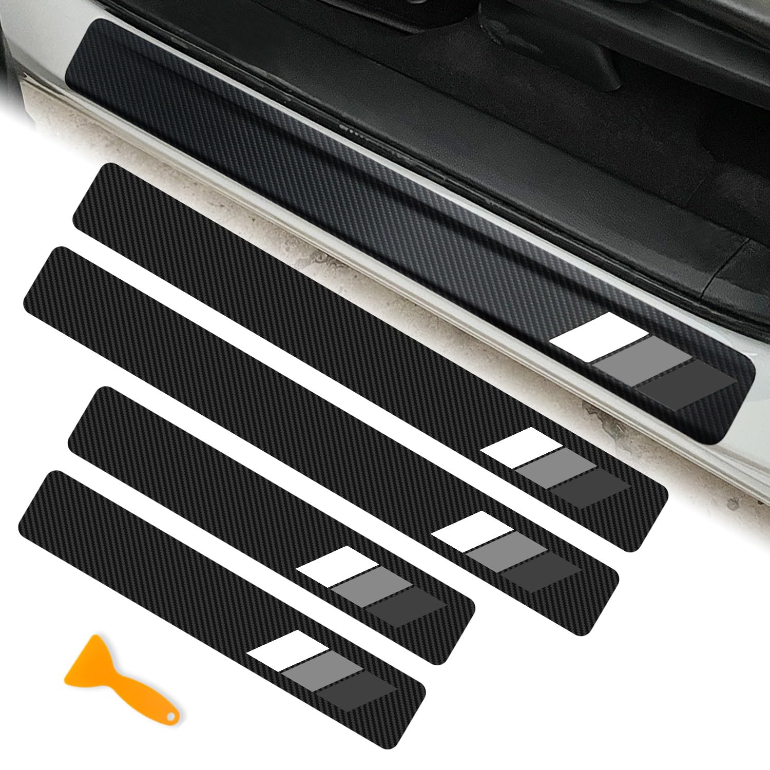 4Pcs Tricolor Door Sill Protectors for Toyota Tacoma TRD 4Runner Tundra Rav4 Highlander Sequoia Accessories, Carbon Fiber Retro Stripe Front/Rear Door Edge Guard Stickers (White/Gray/Black)