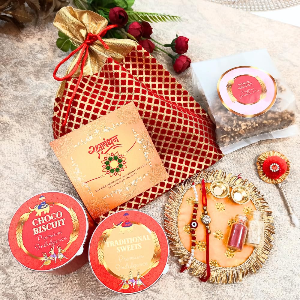 NutriSnacksBox Rakhi Gift Hamper For Brother With Elegant Red Potli With Decorative Red Pooja Thali | 2 Rakhi | Roli Chawal | Tikka Stick | Chocolate Biscuits | Millet Namkeen, 300 Gram (B0BF7DB46Y) Amazon Price History, Amazon Price Tracker