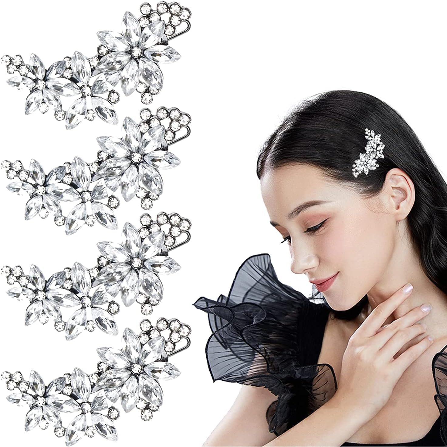 SYOSI Rhinestone Bridal Hair Clip Flower Wedding Hairpin Bride Pearl Crystal Hair Clips Rhinestone Barrette Elegant Bridal Hairpins Hair Accessories for Women Girls, 4Pcs