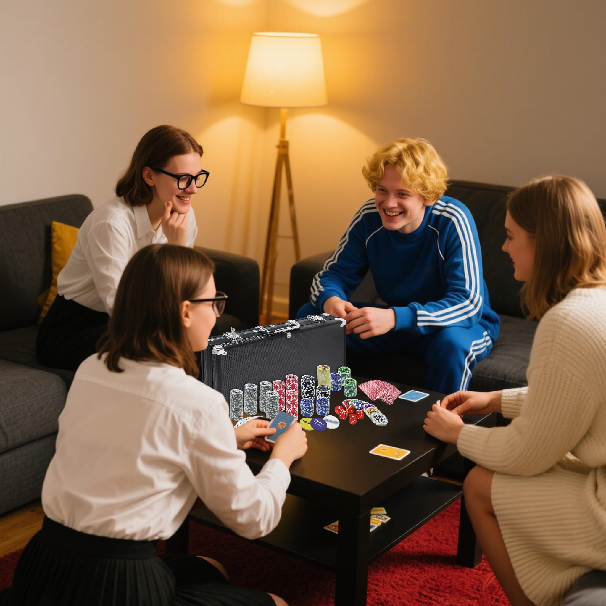Mallette de poker avec 500 jetons laser, dont 2 decks de poker, 1 bouton dealer, 5 dés, 2 clés et boîtier en aluminium pour jeu de fête - Noir