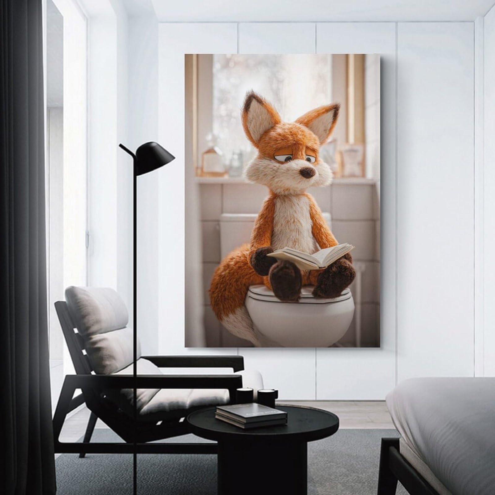 Junmoney Canvas Art Print Fox Reading A Book on A Toilet, 12x18inch(30x45cm), for Office, Study Or Home Workspace, Decorative Artwork for Productive Spaces