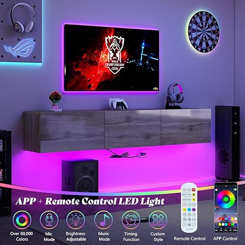 Miniatura 3 de AMERLIFE Soporte de TV flotante de 70 pulgadas con luces LED y toma de corriente, textura de madera de alto brillo montado en la pared, centro de