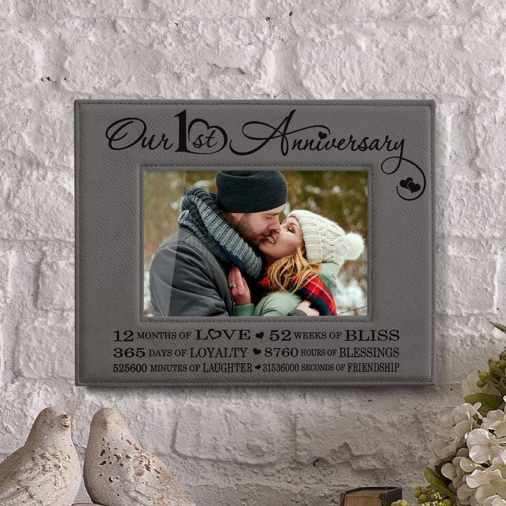 KATE POSH Our First (1st) Anniversary Engraved Leather Picture Frame - Gifts for Couple, Gifts for Him, Gift for Her, Paper, Photo Frame, First Wedding (4x6-Horizontal)