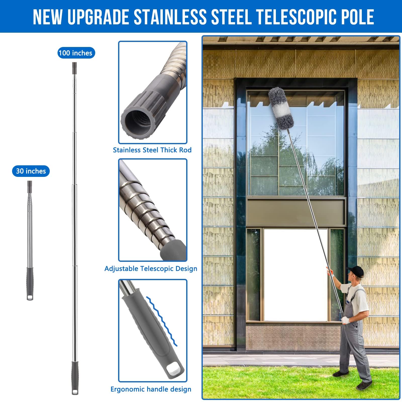Dusters Cepillo de limpieza, limpiador retráctil de microfibra con barra de extensión, 76,2 cm a 254,4 cm, plumero plegable reutilizable, plumero para limpieza del ventilador