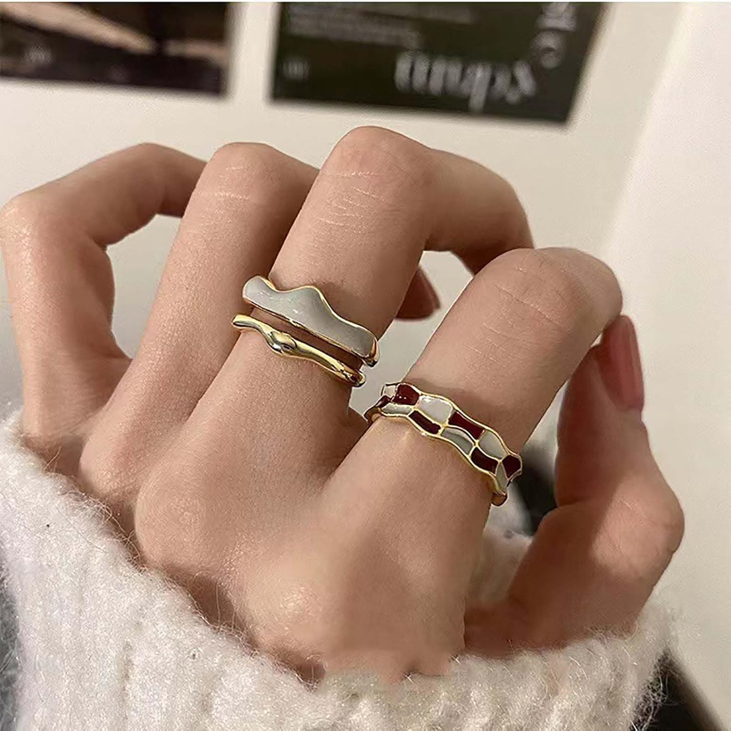 W WEILIRIAN Vintage Beige Enamel Rings for Women lattice Knuckle Rings Minimal Stacking Ring Boho Finger Ring Enamel Open Ring Handmade Adjustable Ring Jewelry for Girls Gifts - Image 5