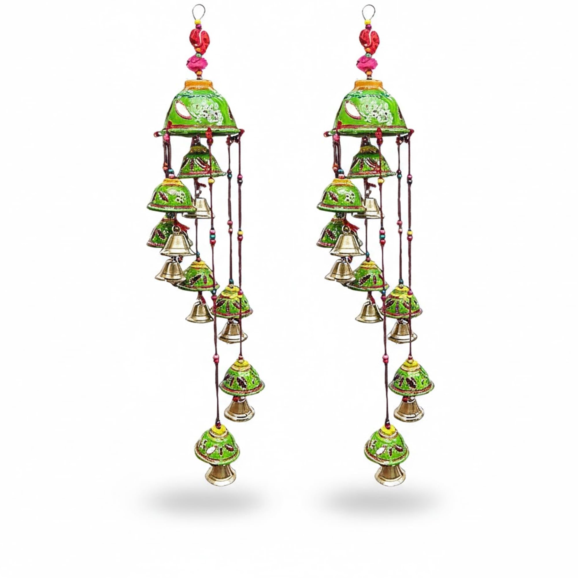 Ryme Rajasthani Design Handcrafted Hanging Wind Chimes | Decorative Latkan with 8 Metal Bells for Home Décor & Gifting | Pack of 2 (Rajasthani Green Toran)-picture-28