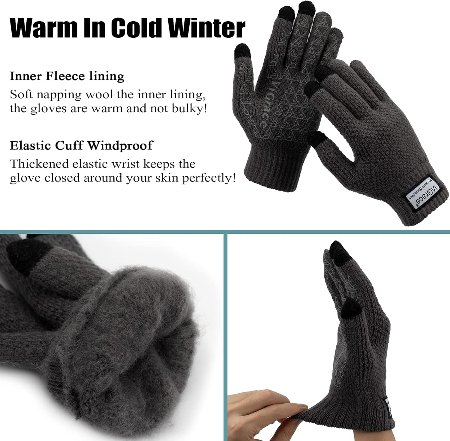 ViGrace Winter Warm Touchscreen Gloves for Men and Women Touch Screen Fleece Lined Knit Anti-Slip Wool Glove - Image 4