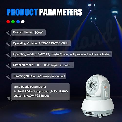 Miniatura 8 de Dreamland Luz de haz de cabeza móvil RGBW Rotación Gobos Luces Disco Luz DJ Luces DMX 512 con sonido activado para iluminación de escenario Fiesta
