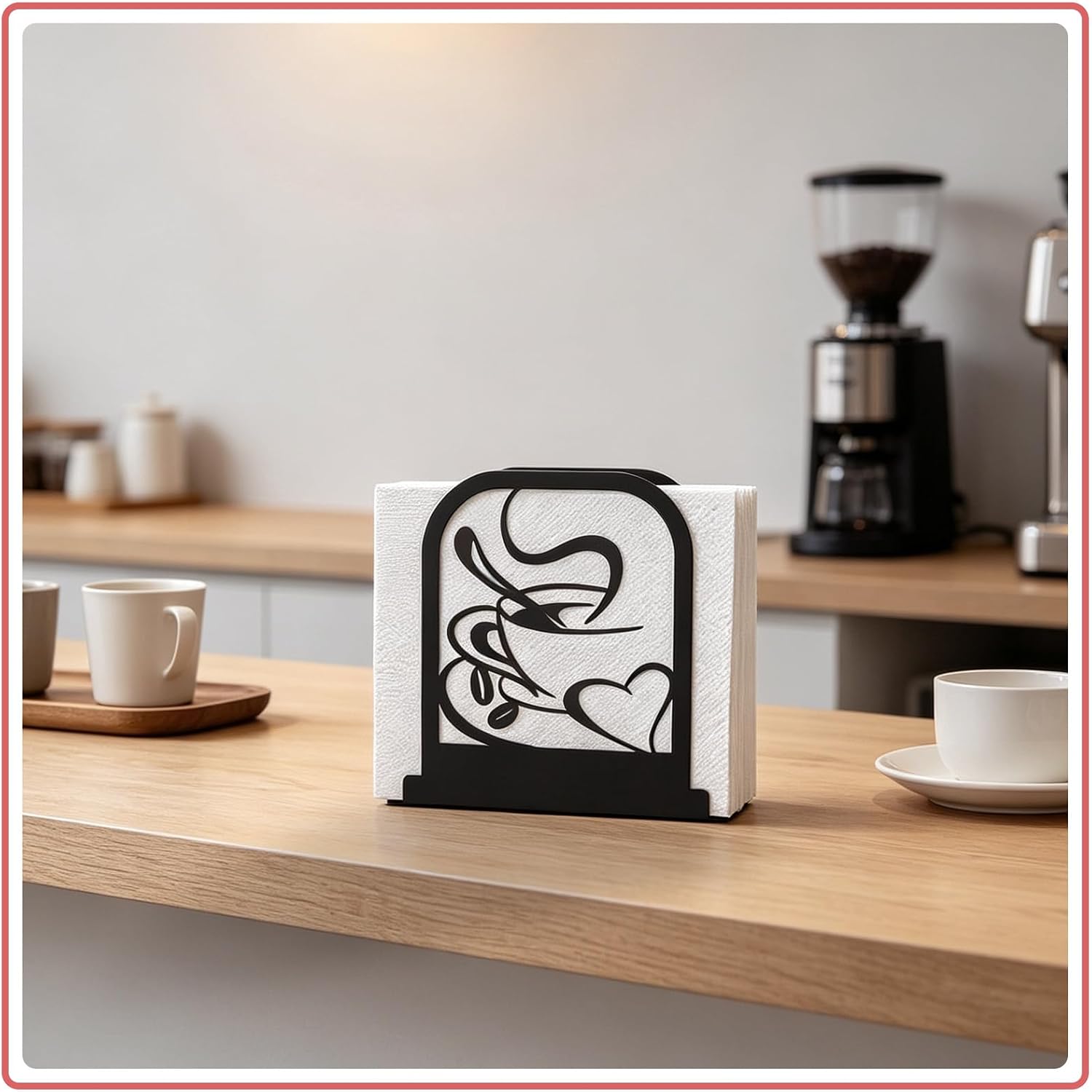 Modern Standing Napkin Holder for table, Black Metal Napkin Dispenser, Coffee time Theme Style Napkin Holder, Suitable for Kitchen, Coffee Shop, Dining Room