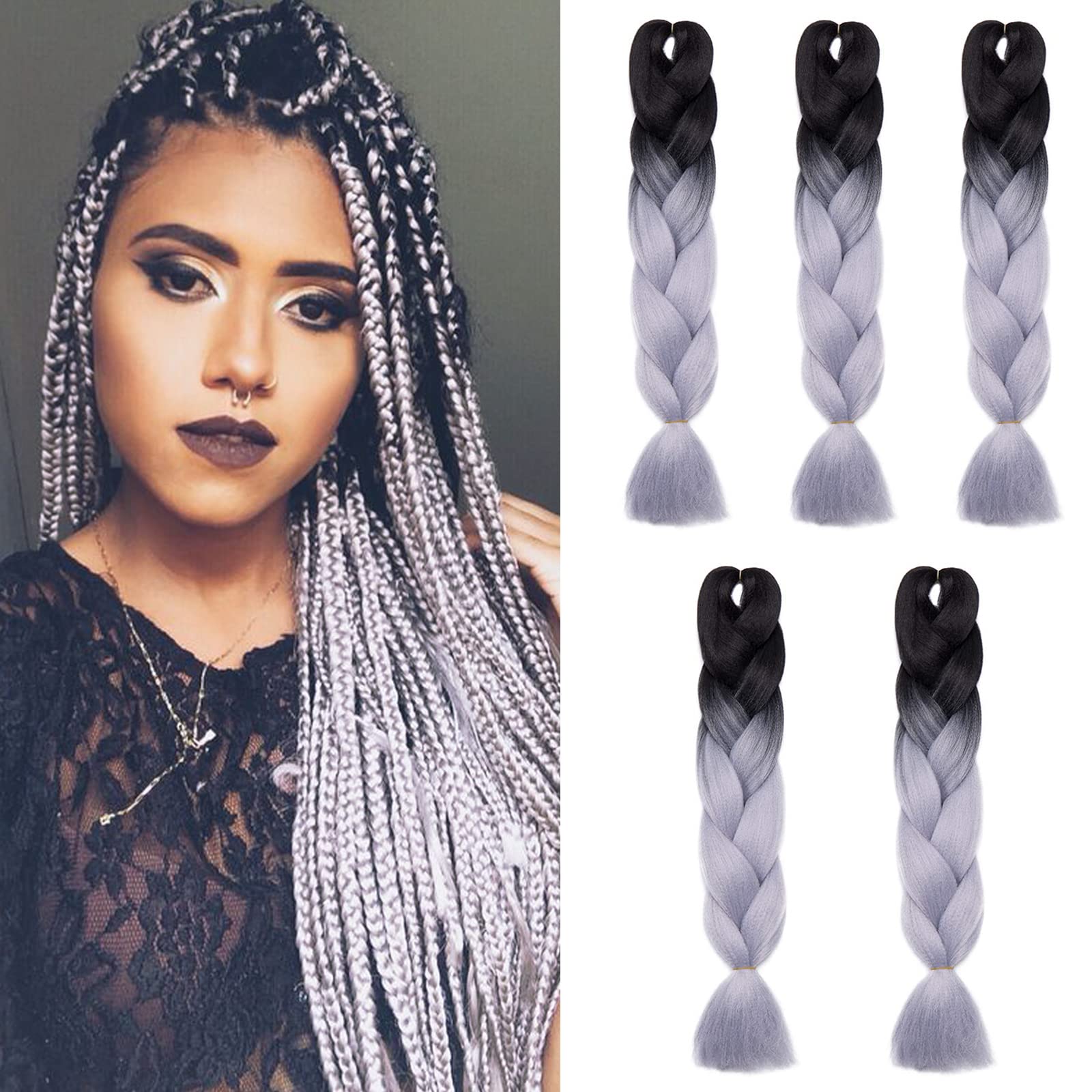 Amazon.com : Benehair Ombre Braiding Hair 5 Bundles/lot 24inch Jumbo  Braiding Hair Extensions High Temperature Synthetic Braid Hair Braiding Hair  Pre Stretched Braid Extensions (Black+Silver Grey) : Beauty & Personal Care