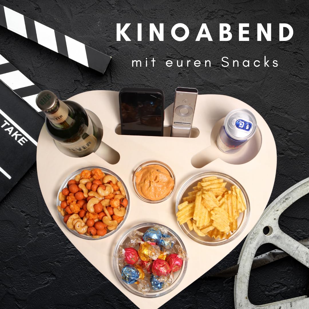 Herz personalisierte Couchbar in Weiß - Couch Bar Snackbar - Snackbox mit 4 Glasschalen - Getränkehalter für das Sofa -Sofatablett für Snacks & Getränke