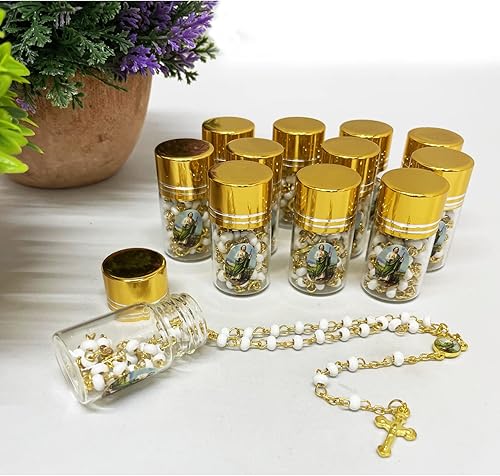 Miniatura 3 de RBN Recuerdos de San Judas para fiestas de bautismo en tarro de botella de vidrio Rosarios de cuentas blancas Recuerdos Bautizo Gold, Vidrio