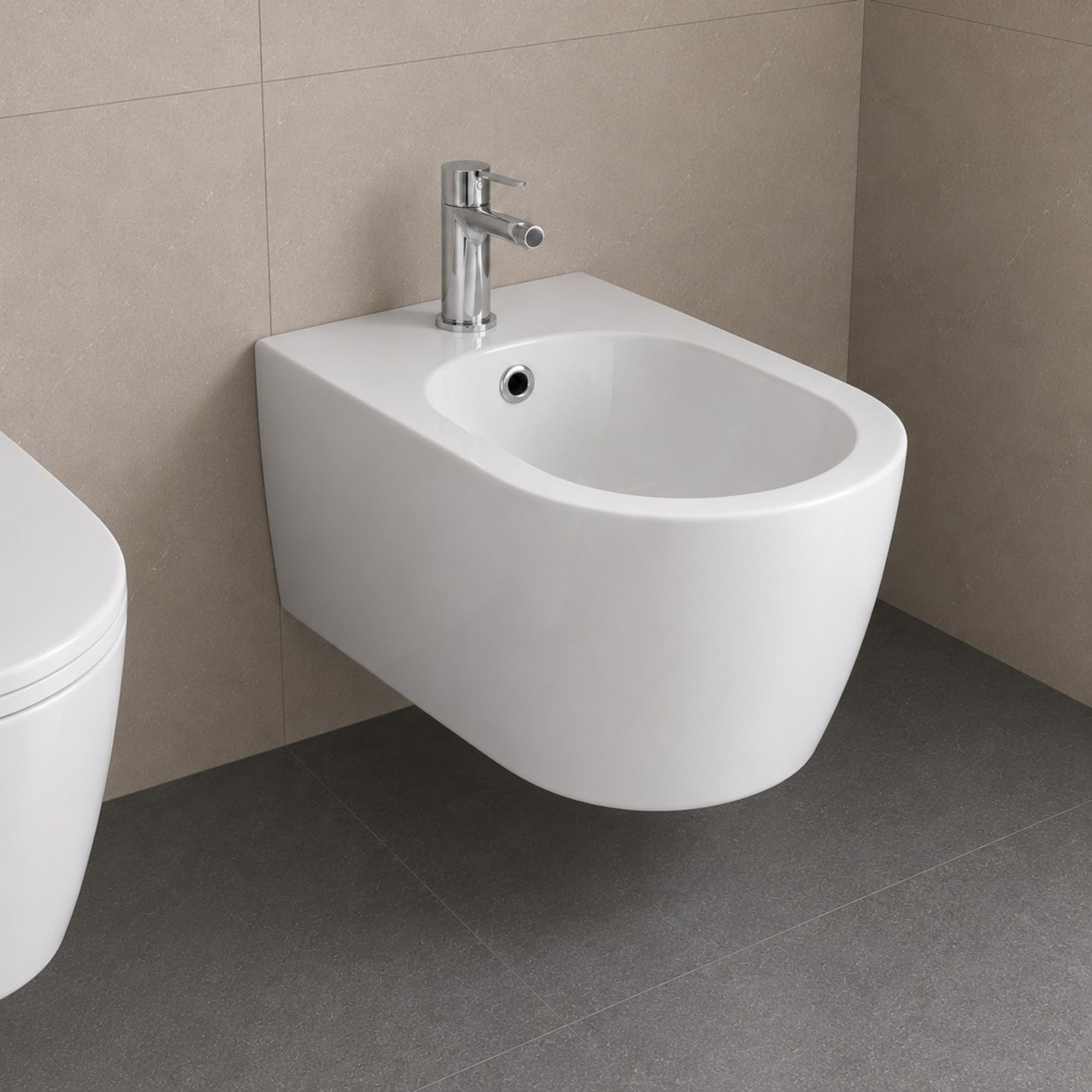 Giunone Bidet Sospeso in Ceramica Sanitaria, Scarico a Parete, Bianco Lucido, 35,5 x 51,5 cm