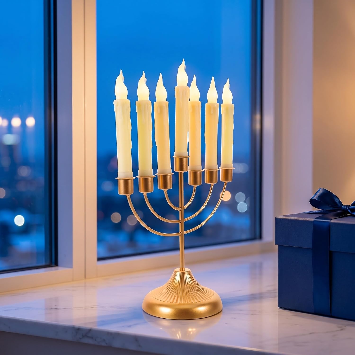 Ipetboom Led 7-Branch Hanukkah Menorah, 16" Jerusalem Candle Stand, Golden