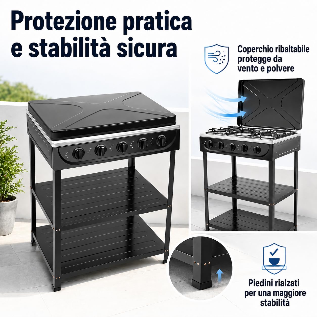 Piano cottura a gas, 5 fuochi, 2,5 kW, portatile, per campeggio e casa