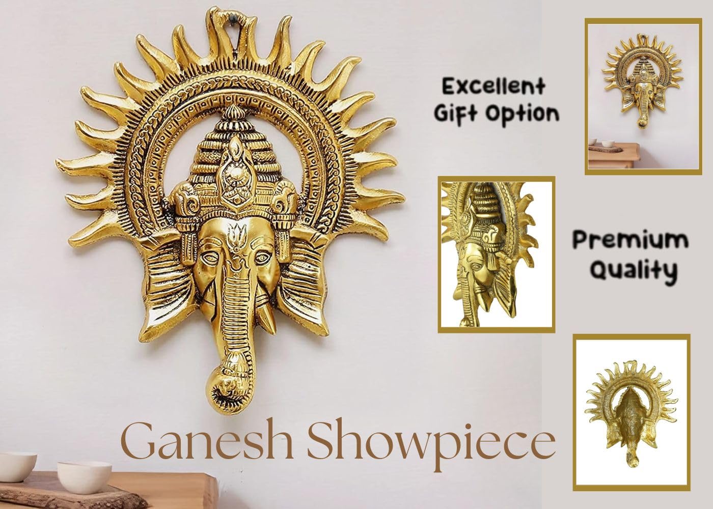 CraftVatika Ganpati Golden Metal Sun Decorative Ganesha Wall Hanging Diwali Decoration Items for Home Decor Gift Diwali Housewarming Ganesha Statue Wall Art Decorative Showpiece for Wall Decor Home