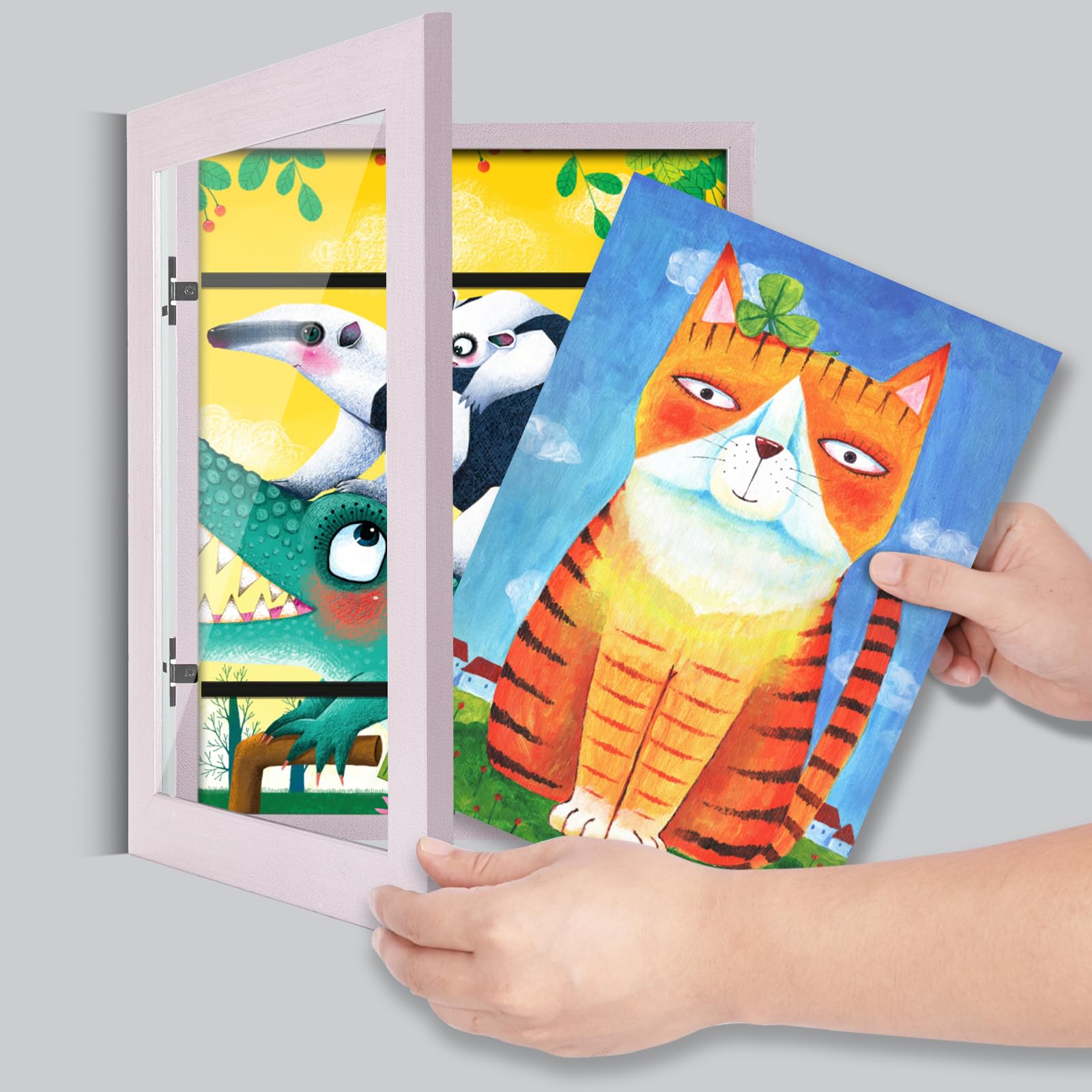 Ramki artystyczne dla dzieci, 8,5 x 11 z przodu otwierane ramki do dzieł sztuki, zmienne, jasnoróżowa ramka do przechowywania grafiki na ścianę, mieści 50 szt., do obrazów 3D, rzemiosła, rysowania