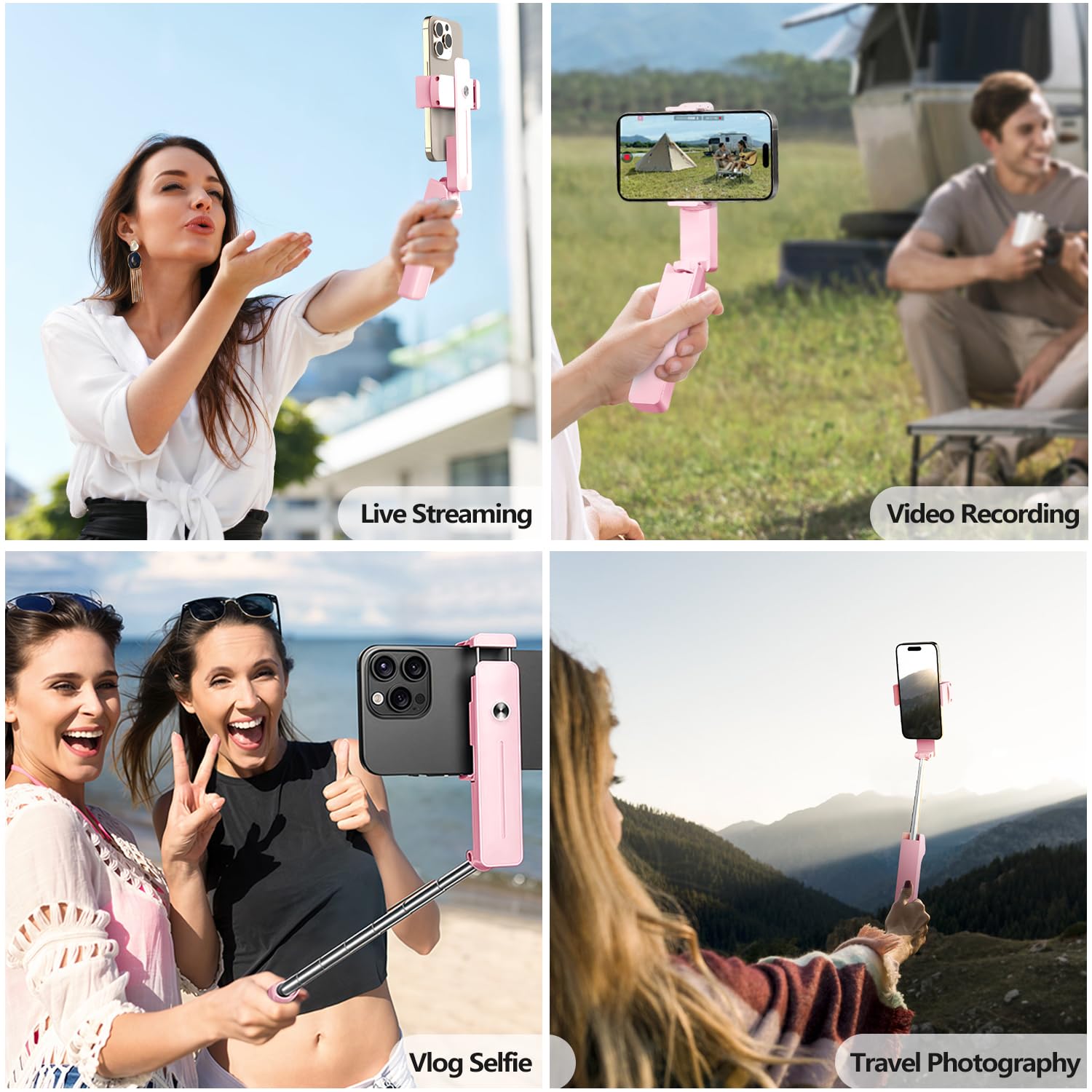 yAyusi Mini Selfie Stick Estensibile, Selfie Stick Portatile Tascabile con Telecomando, Supporto per Cellulare Compatto per Vlog/Registrazione Video/Streaming Live/Creazione di Contenuti (Rosa)