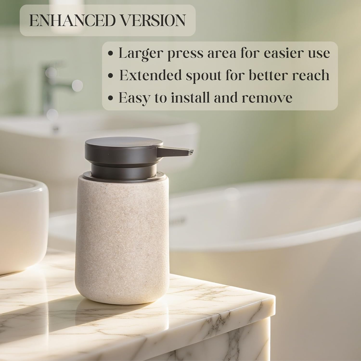 Liquid Soap Dispenser with Easy-to-Press Pump, 10 oz Refillable Hand Soap Dispenser with Extended Spout for Bathroom Kitchen Dish Lotion, Modern Stone Texture (Beige) - Image 4