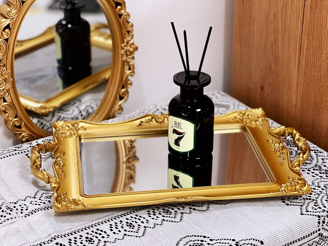 Rectangle Vintage Decorative Mirror Tray, Jewelry Cosmetics Makeup Storage Dresser Organizer Tray, Serving Tray (Golden - Rectangle) image 4