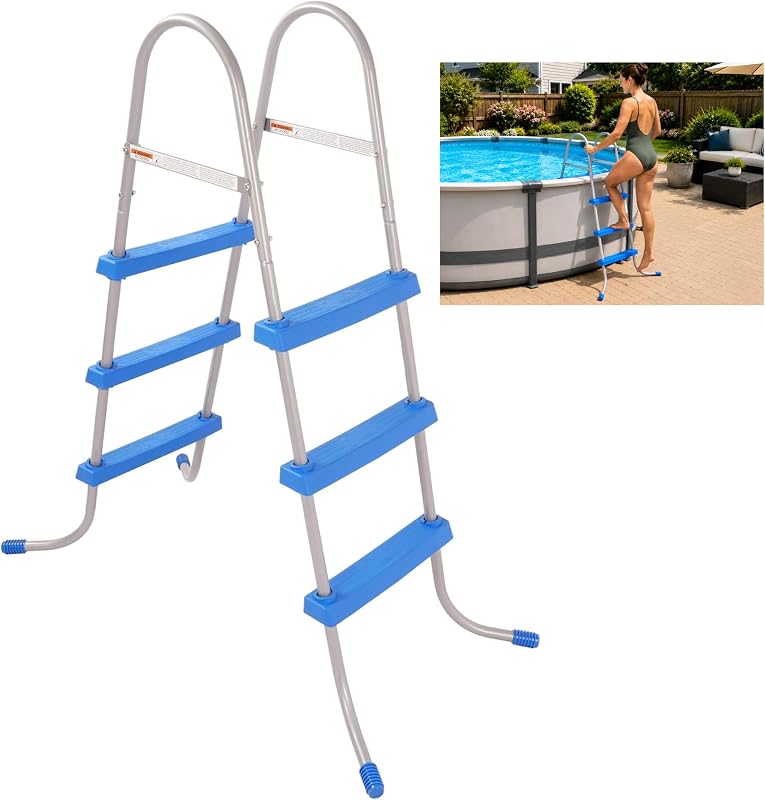 36 Inch Swimming Pool Ladder Above Ground 52In High W/ 3 Plastic | Removable Steps Non-Slip Heavy Duty Steel Blue