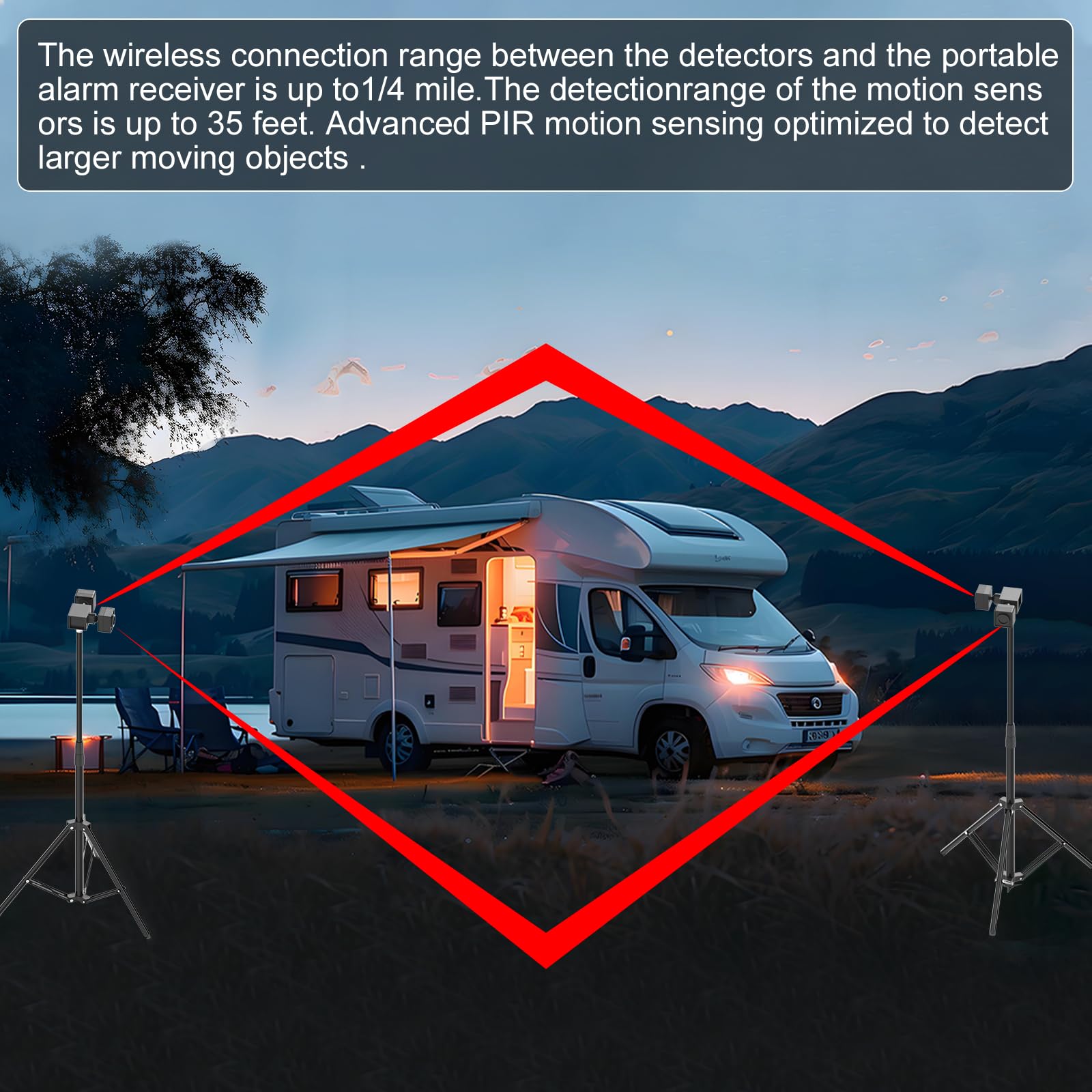 Sistema di allarme perimetrale esterno portatile - 2 ricevitori+4 sensori | Sensore di movimento wireless impermeabile da 1/4 miglio e rilevatore di sicurezza personale per camper Aler