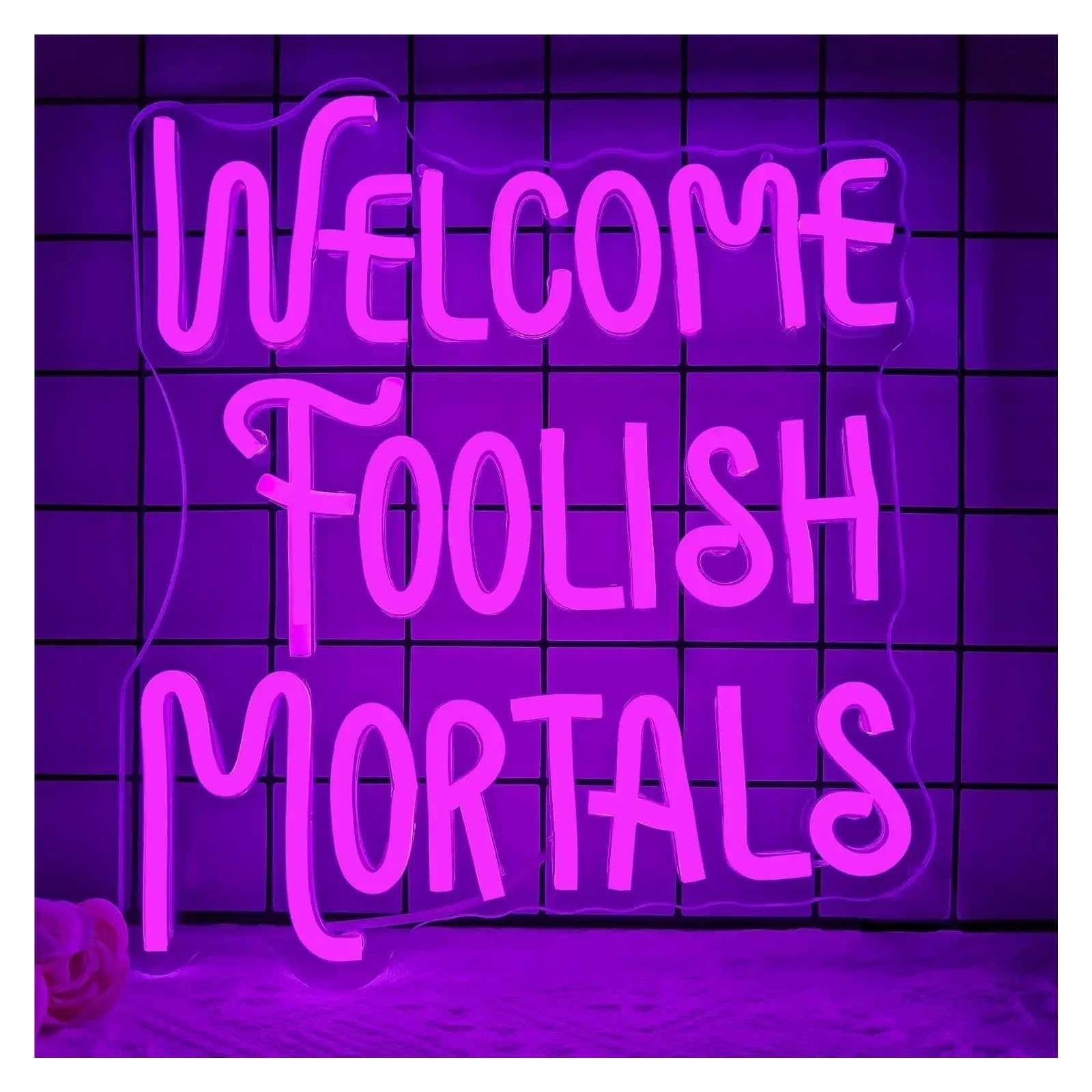 RONGCH Hanging Art Neon Signs Welcome Foolish Mortals Neon Sign LED Light Dimmable for Gothic Haunted House Home Party Decoration 38.75cmx34.25cm