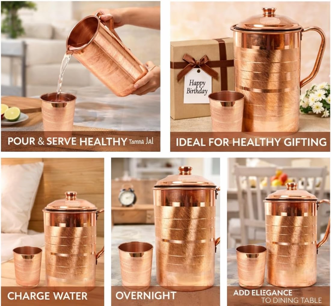 Pure Copper Jug with 2 Glasses – 2L Jug & 250ml Each Glass | Ayurvedic Water Pitcher Set for Health & Home Use | Leak-Proof, Handcrafted Copper Drinkware for Daily Use – Pack of 3