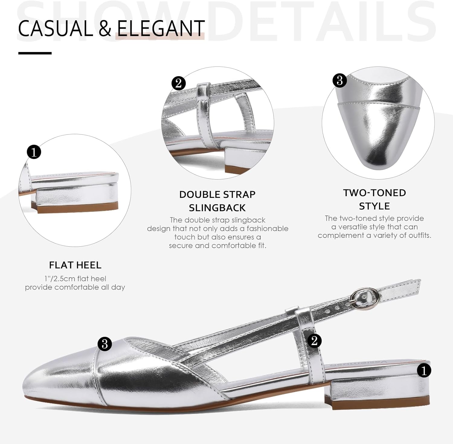 Slingback Flats for Women Two Toned Double Strap Block Low Heel Flats Classic Womens Sandals Comfortable Dressy - Image 4