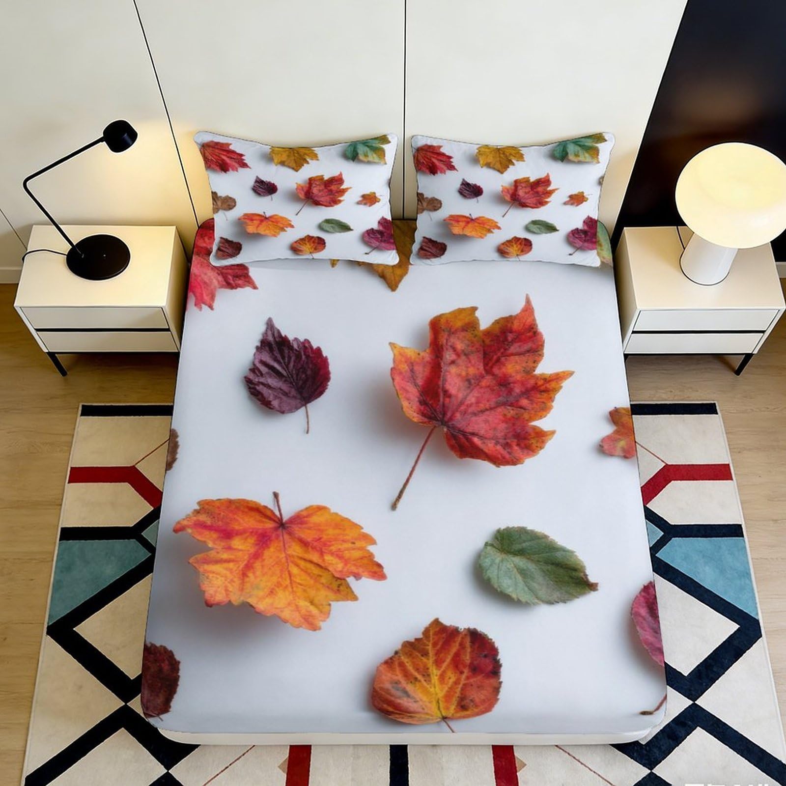 3D Printed Autumn Leaves Fitted Sheet Microfiber Soft Breathable Maple Leaf Bed Cover for Bedroom Guest Room Decor 90x200x25cm