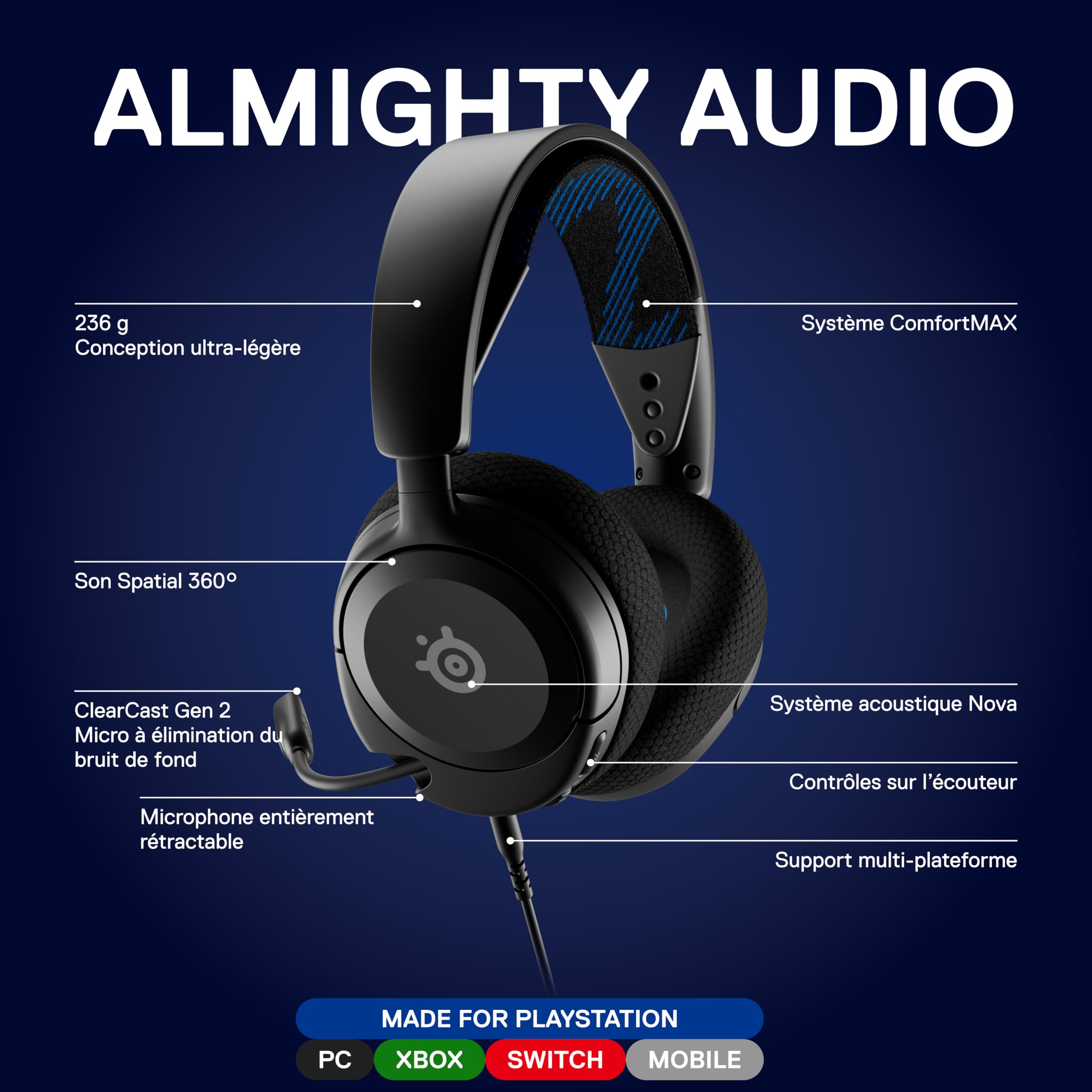 SteelSeries Arctis Nova 1P - Casque de jeu multi-système — Hi-Fi avec pilotes — Son Spatial à 360° — Coussinets d’Oreille à Mousse à Mémoire — Microphone antibruit — PS5, PS4, PC, Switch, Xbox - Noir - 2