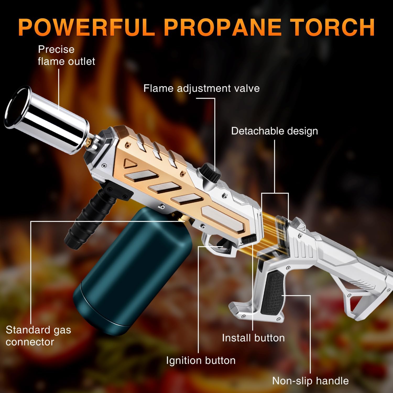 Adjustable Propane Torch Gun – High-Temperature Flame Thrower for Soldering, Welding, Gardening, and Outdoor Cooking – Detachable Design, Easy to Use and Portable (Silver Gold)