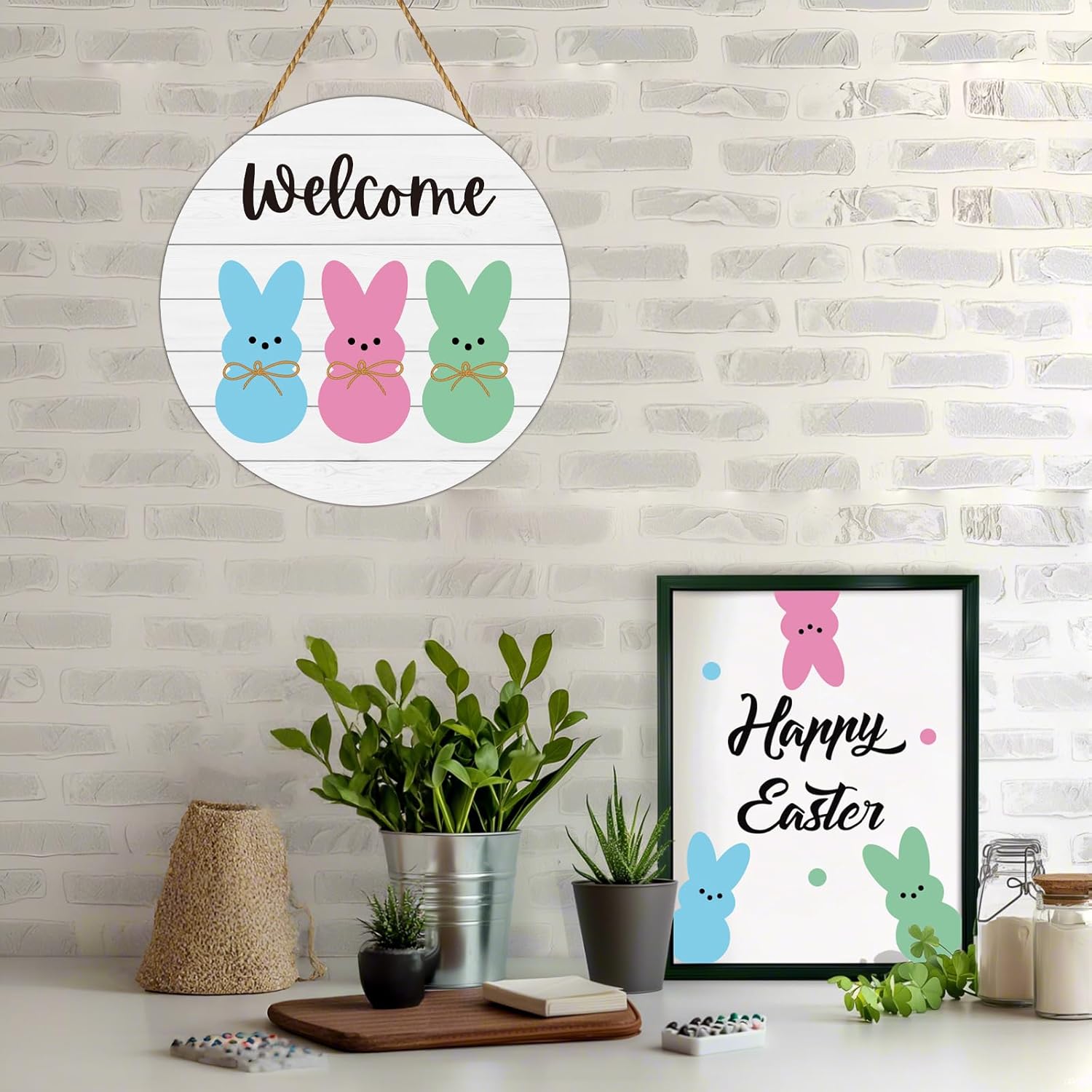 Easter Decorations Easter Wreaths for Front Door Decor Cute Bunny Door Decorations Bunny Wall Decor Wooden Front Door Hanger Hanging Welcome Sign for Porch Wall Indoor Home Decor