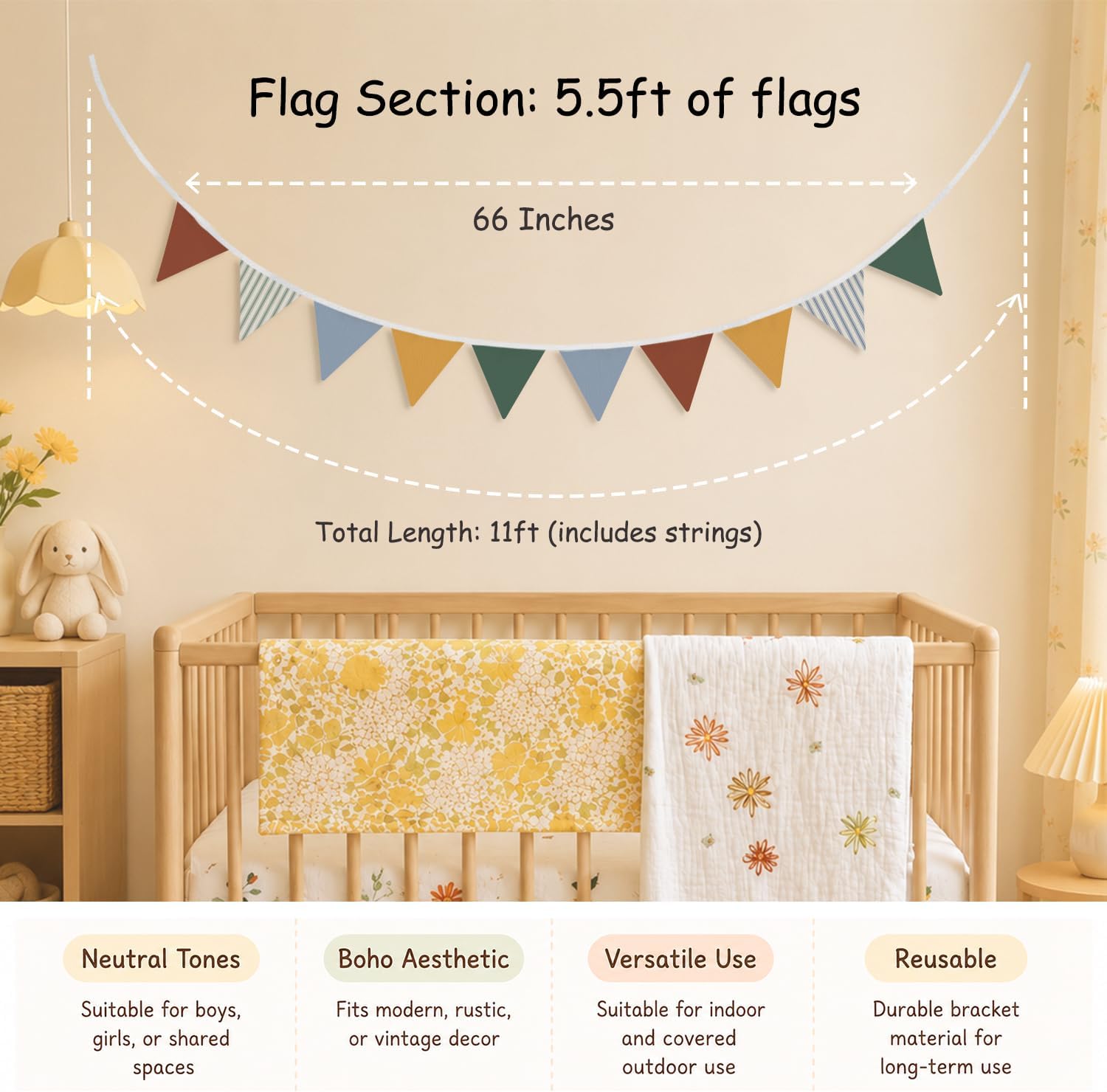 Boys Toddler Room Playroom Nursery Decor, Garland Triangle Banners, 11Ft Vintage Warm Neutral Plaid Design Pennant Banner Bunting Flags Fabric for Baby Shower Birthday Party
