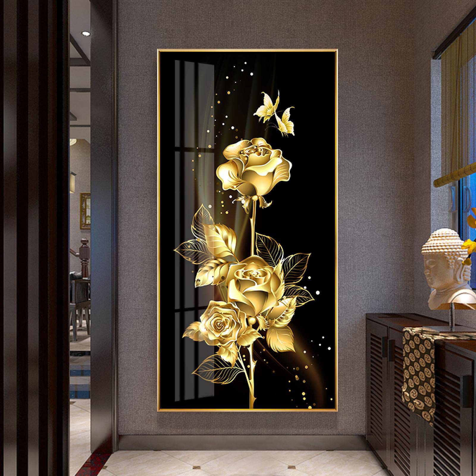 ZHMANLUCK Gran tamaño negro dorado rosa flor mariposa cartel abstracto arte nórdico planta lienzo pintura de gran tamaño moderno cuadro de pared 43x86cm/(17x34inch) con marco dorado