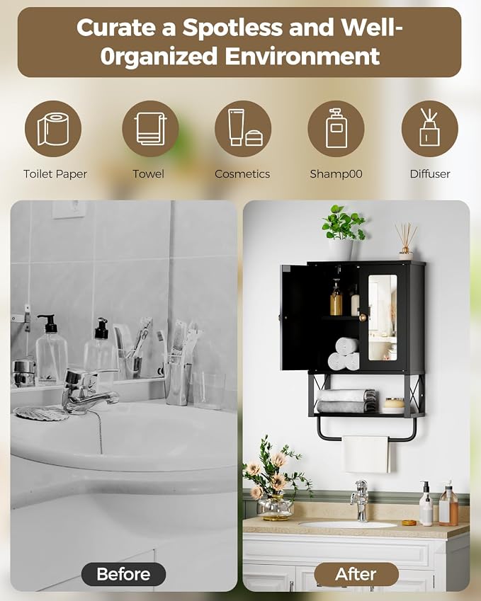 Botiquín para baño con espejo y barra para toallas BEWISHOME, negro | Armario de pared con estantes ajustables y gancho para toallas, ideal sobre el inodoro, 7,1 x 15,4 x 24,4 pulgadas miniatura 8