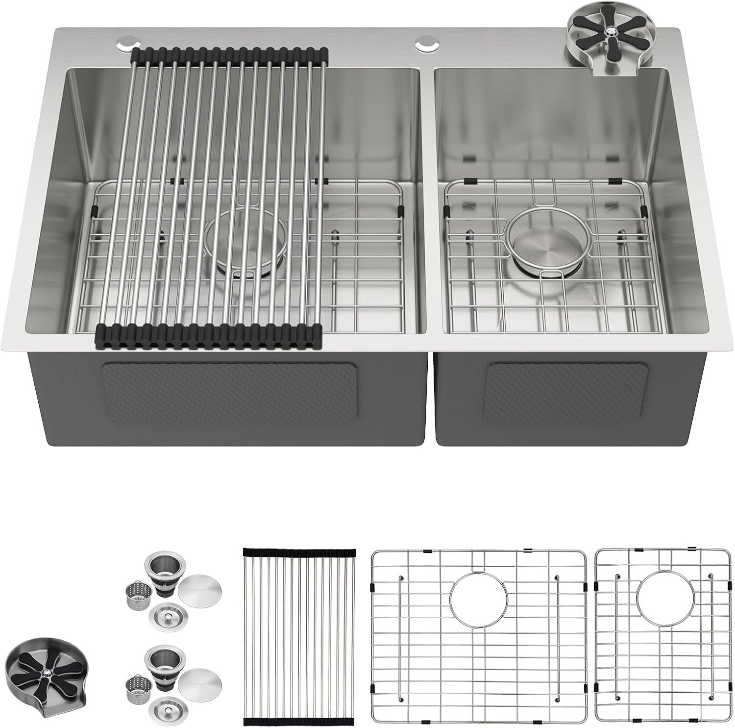 33 Inch Double Bowl Kitchen Sink- 33x22 Stainless Steel 60/40 Double Basin Topmount Kitchen Sinks Drop In Sinks with Cupwasher Noise Reduction Quick Drainage