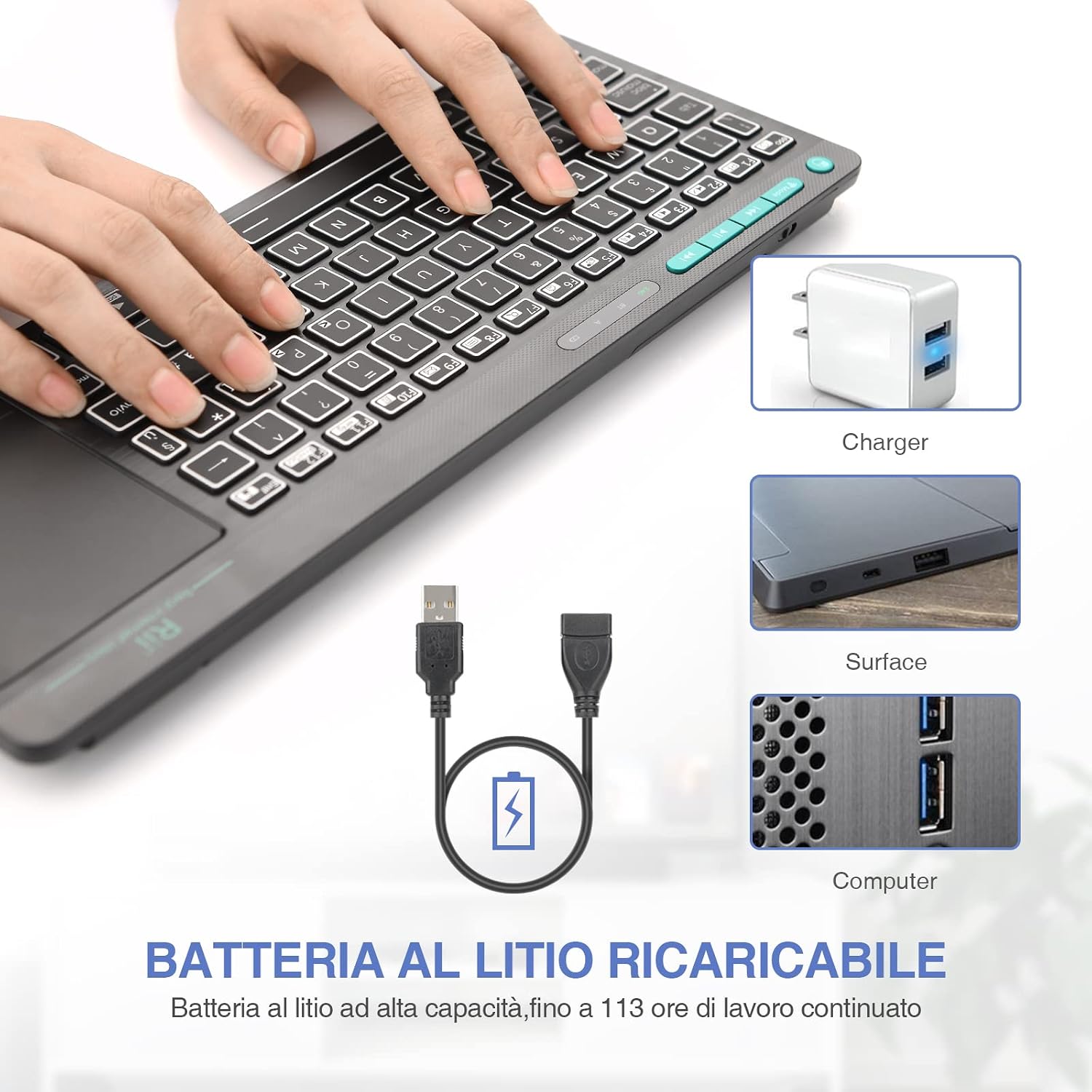 Rii Mini i18S keyboard connected for charging via USB